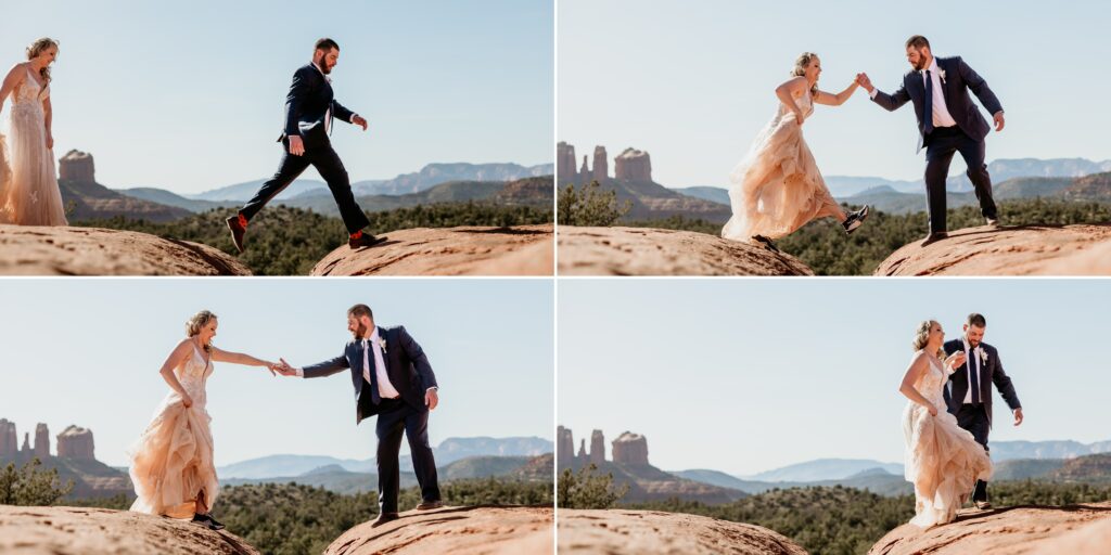 Couple hiking in mountains, couple stepping over crack, album design